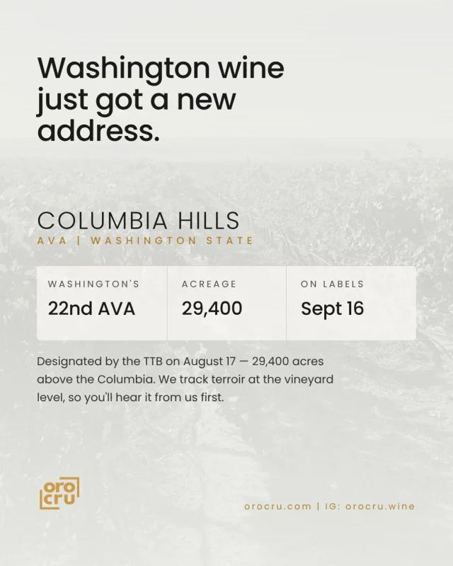 Raise your glass to Columbia Hills, Washington's newest AVA! 🍷 Spanning 29,400 acres, this stunning region is now officially recognized. Keep an eye out for it on labels from September 16. Follow us on IG: @orocru.wine #WAugust #ColumbiaHills #WashingtonWine #AVA